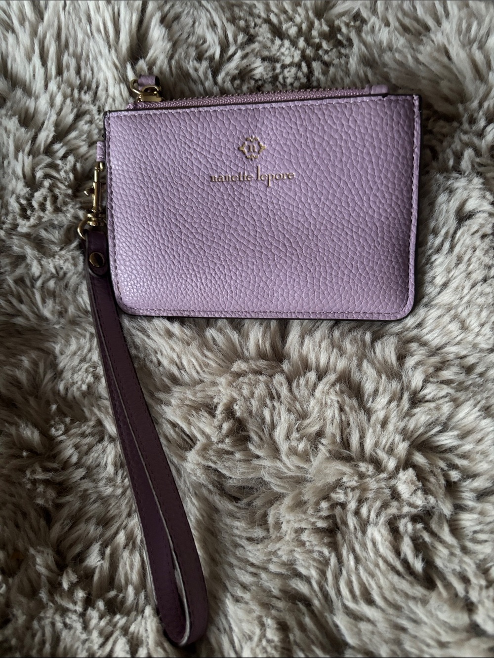Nanette Lepore Lavender Pebbled Leather Wristlet with Gold Logo